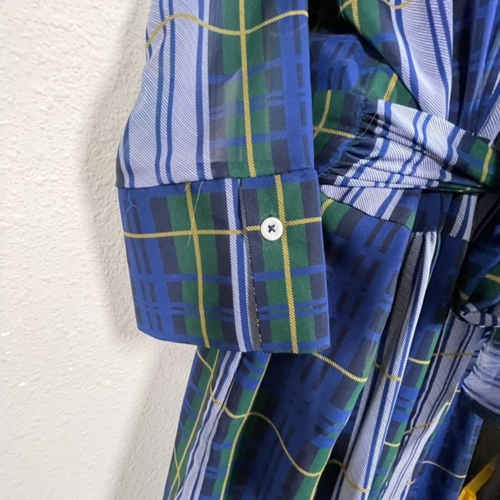 Gretchen Scott Shirt Dress L Blue Green Dark Academia Modest Plaid Belted Pocket - Picture 6 of 12
